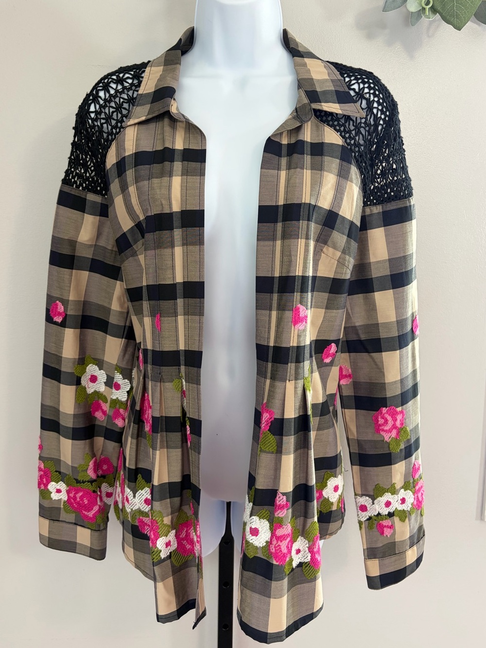 NWOT Aratta Silent Journey- Tan and Black Plaid Jacket with Crochet Details